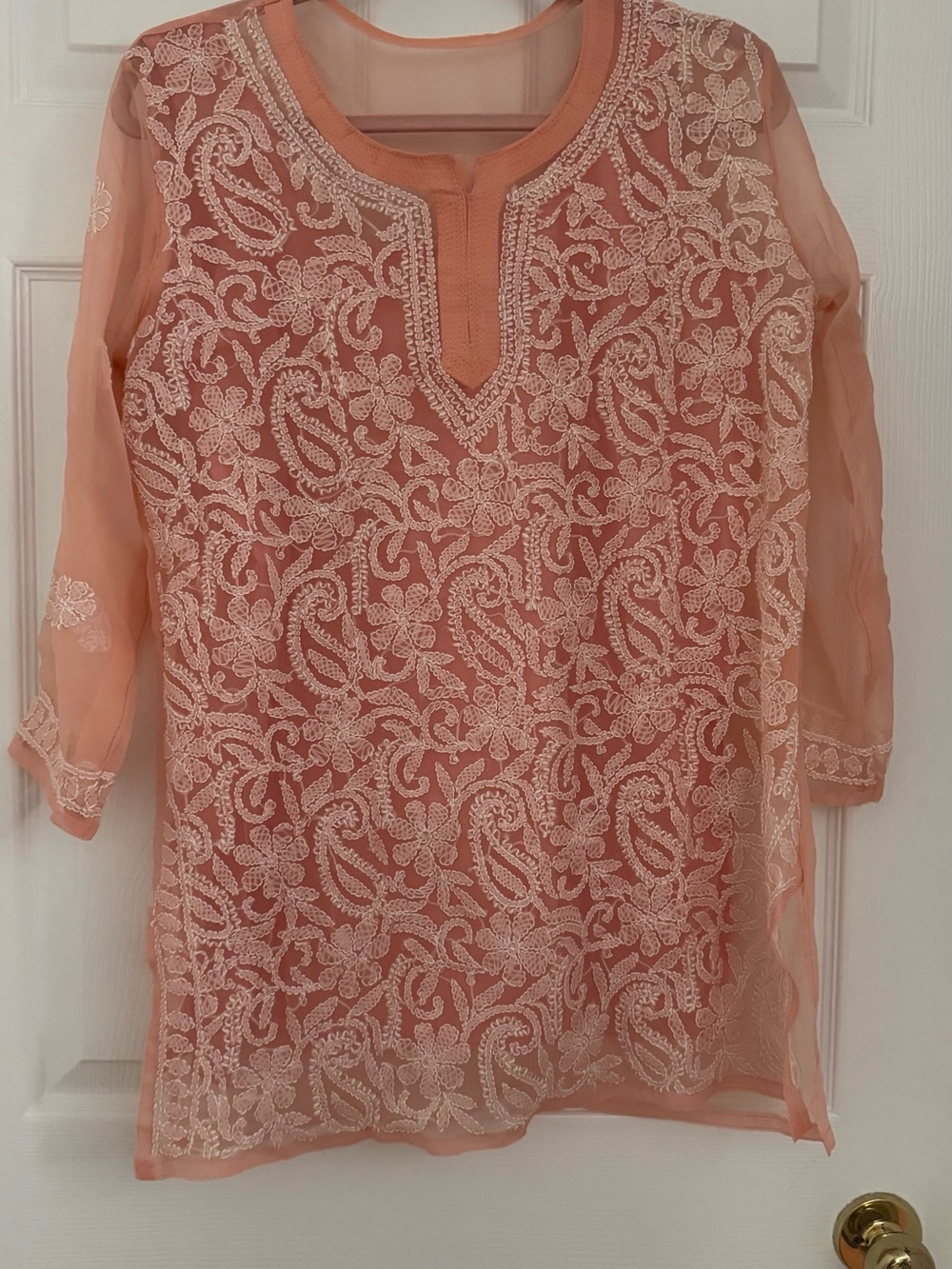 Peach Chikankari Embroidered Sheer Net Kurti Top with Inner Slip